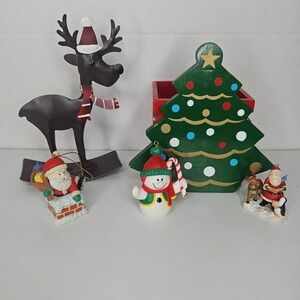 Vintage Christmas Decor &‎ Ornament 5 Pc Lot Santa Reindeer Wood Tree Holder